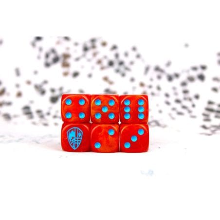 Hundred Kingdom Faction Dice on Red swirl Dice