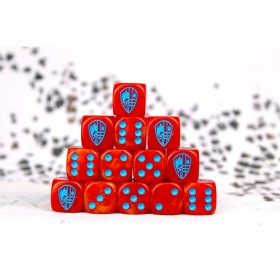Hundred Kingdom Faction Dice on Red swirl Dice
