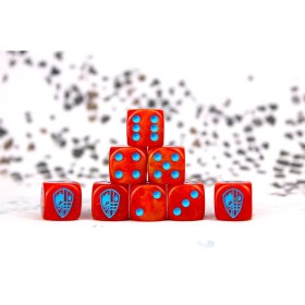 Hundred Kingdom Faction Dice on Red swirl Dice