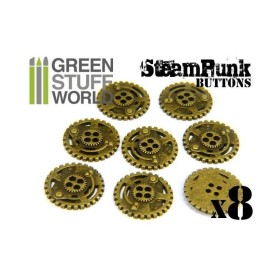 8x Boutons à motifs Steampunk ROUAGES - Doré Antique