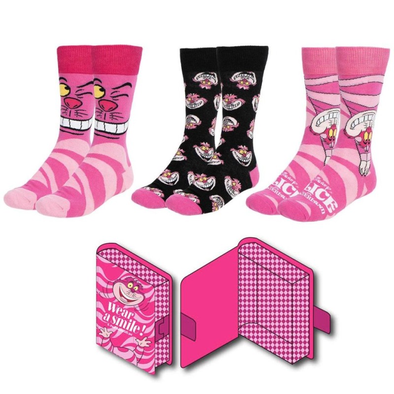 ALICE -Chat du Cheshire -Pack de 3 Paires de Chaussettes(Taille 36-43) ALICE -Chat du Cheshire -Pack de 3 Paires de Chaussettes(Taille 36-43)